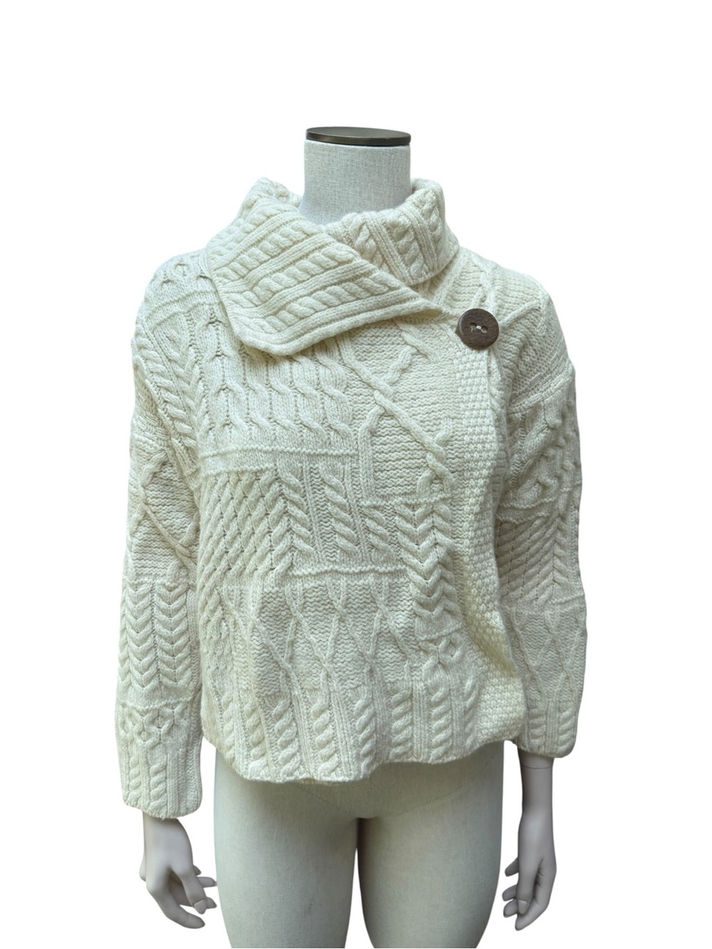 Cozy Cream Wool Cable Knit Funnel Neck Sweater with Button Accent - Picture 2 of 7